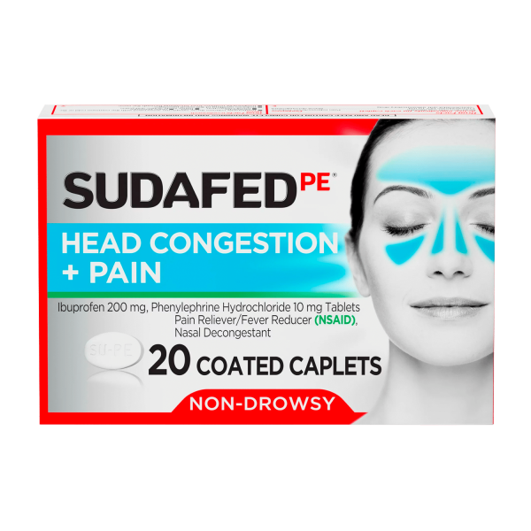Sudafed PE Không gây buồn ngủ tắc nghẽn đầu + Viên giảm đau, 20 ct