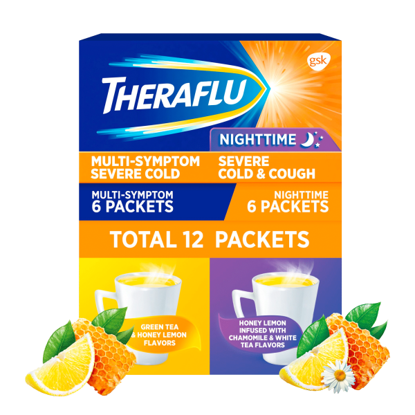 Theraflu Bột giảm cảm lạnh, cúm và ho nặng, pha trà, 12 gói